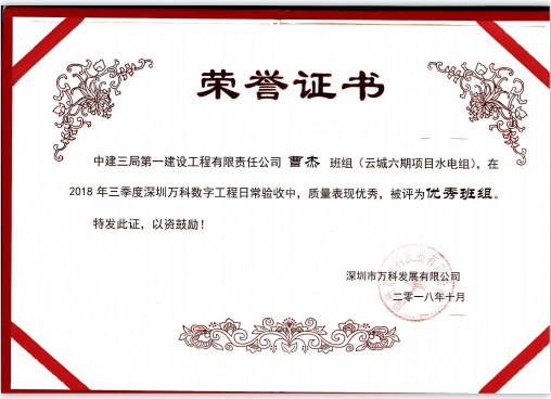 Honorary certificate of outstanding team of Cao Jie of Vanke Cloud City